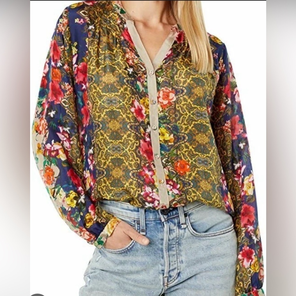 Johnny Was Rosey Tate Silk Floral Multicolor Long Sleeve Blouse Size Small